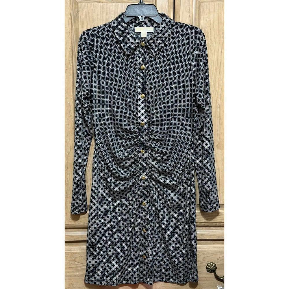 Michael Kors Women's Long Sleeve Dress‎ Size M  Ruched Front Buttons Geometric